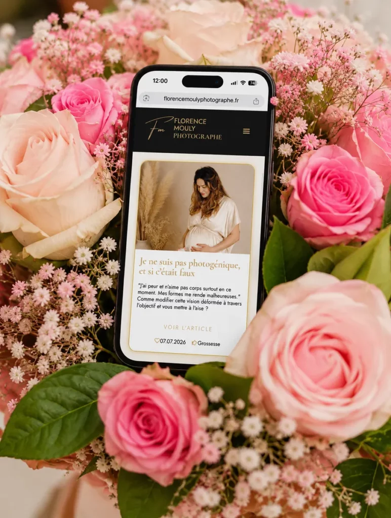 un téléphone dans un bouquet de fleur photographié par la photographe pour qui j'ai fait le site